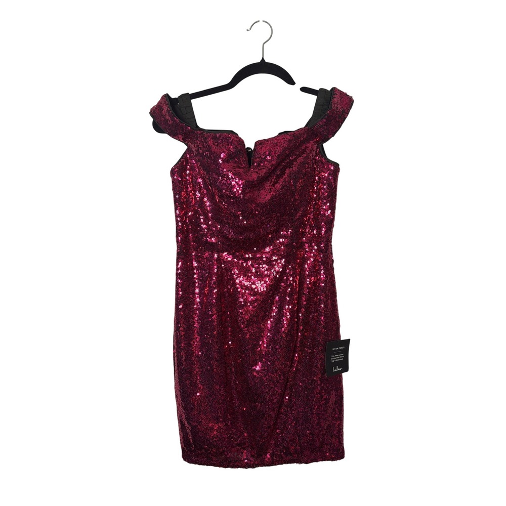 Lulus Womens Mini Dress S Magenta Sequin Off Shoulder Notched Glam Party MF2812
